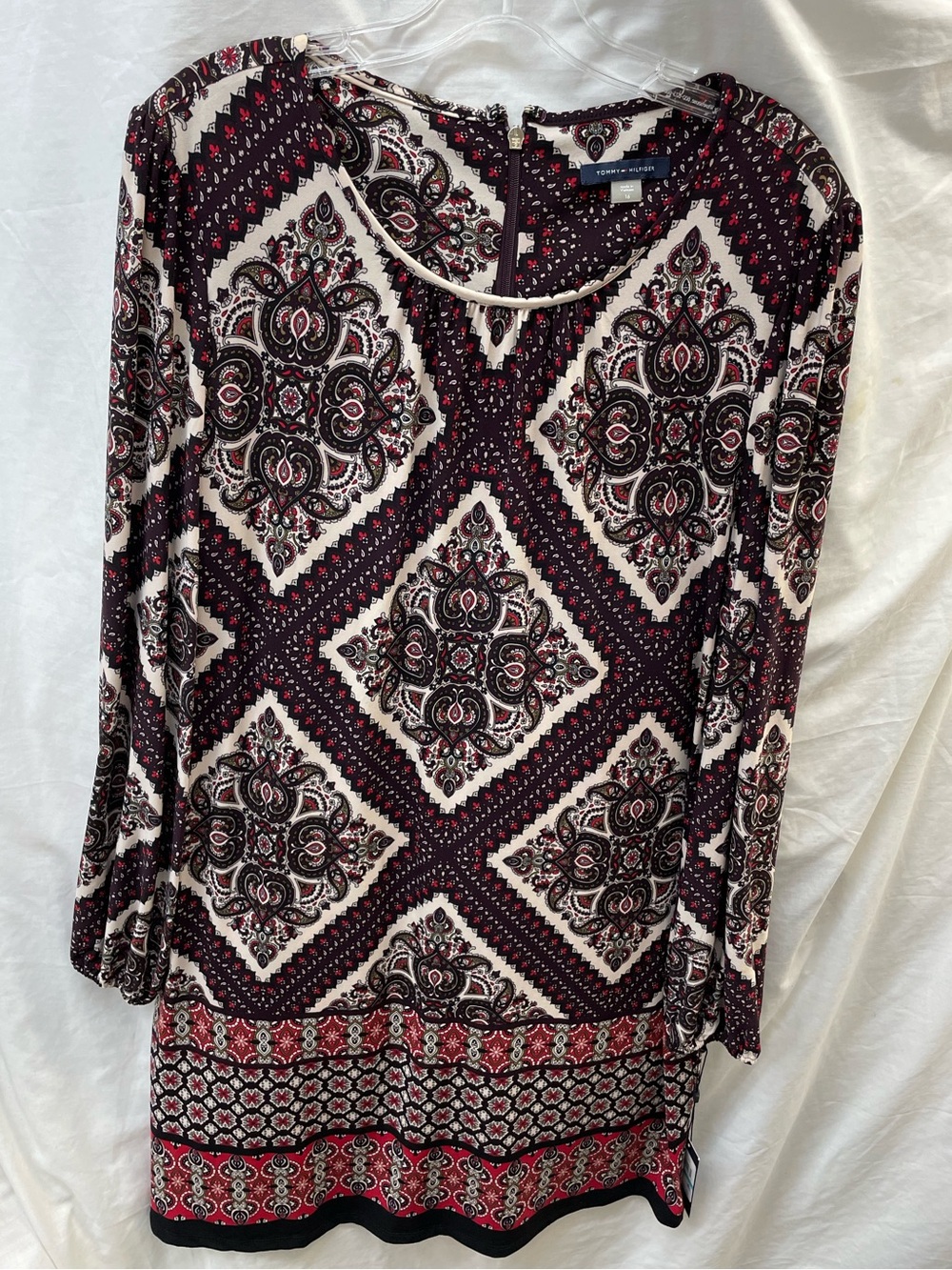 NEW!!! Tommy Hilfiger Cream Burgundy Black Printed Long Sleeve Tunic Dress Sz 16